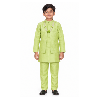 Boys Green Cotton Blend Kurta Pajama Waistcoat Set: Diwali Outfit - model front view