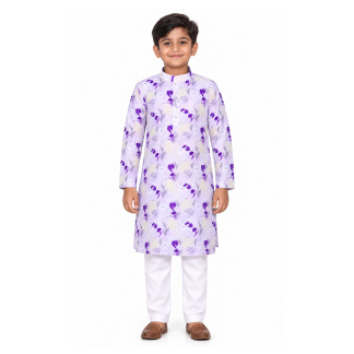 Boys White and Blue Print Cotton Kurta Pajama Set: Ethnic Party Wear - model front view