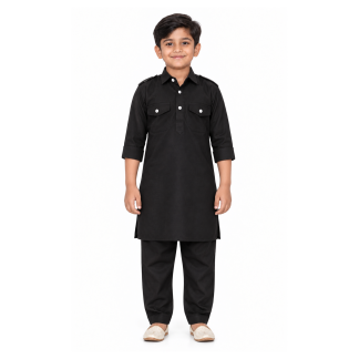 Boys Black Cotton Blend Kurta Pajama Set: Eid Outfit - model front view