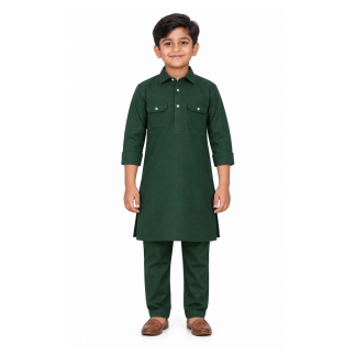 Boys Green Cotton Blend Kurta Pajama Set: Eid Outfit - model front view