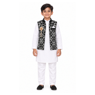 Boys White Cotton Kurta Pajama with Black Waistcoat: Diwali Outfit - model front view