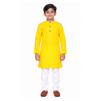 Boys Yellow Cotton Kurta Pajama Set: Indian Party Wear - model front view