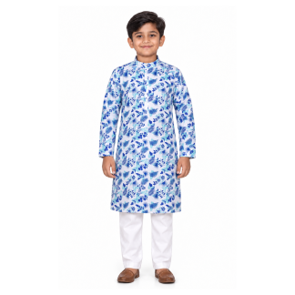 Boys White and Blue Kurta Pajama Set: Kids Printed Kurta for Festive Wear - model front view