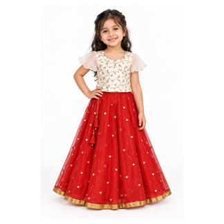 Girls Ivory Gold Vine Choli with Red Mirror Work Lehenga - model front view