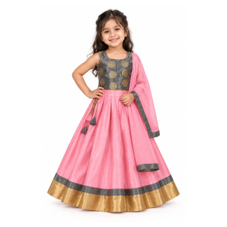 Girls Grey Gold Medallion Choli with Pink Lehenga and Dupatta - model front view