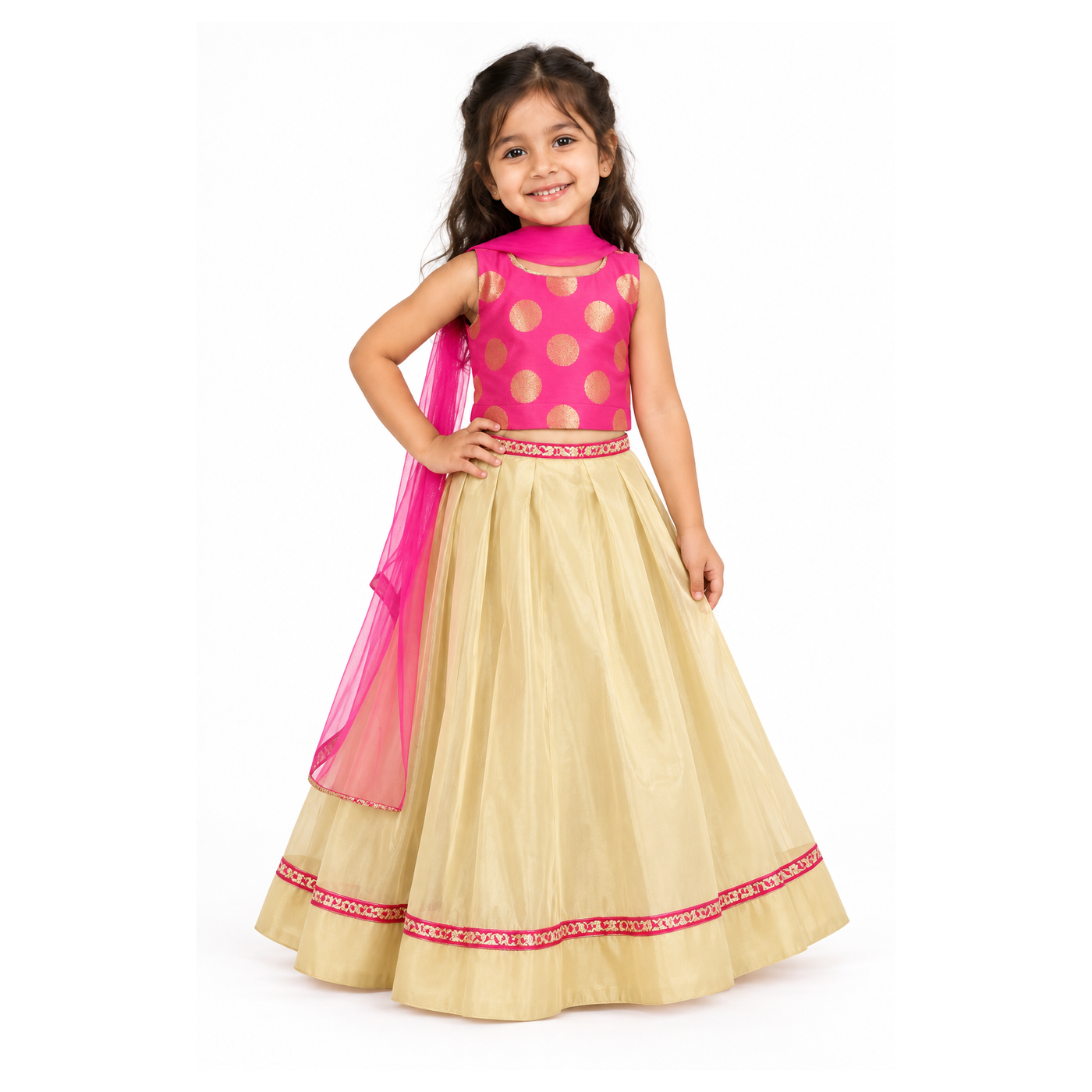 Girls Hot Pink Gold Polka Choli with Cream Gold Lehenga and Dupatta - model front view