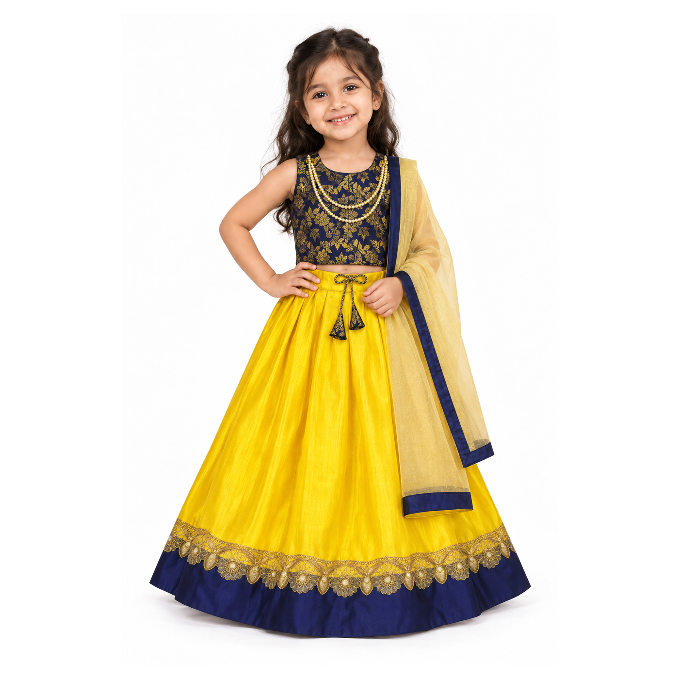 Girls Navy Gold Floral Choli with Yellow Lehenga and Pale Gold Dupatta - model front view