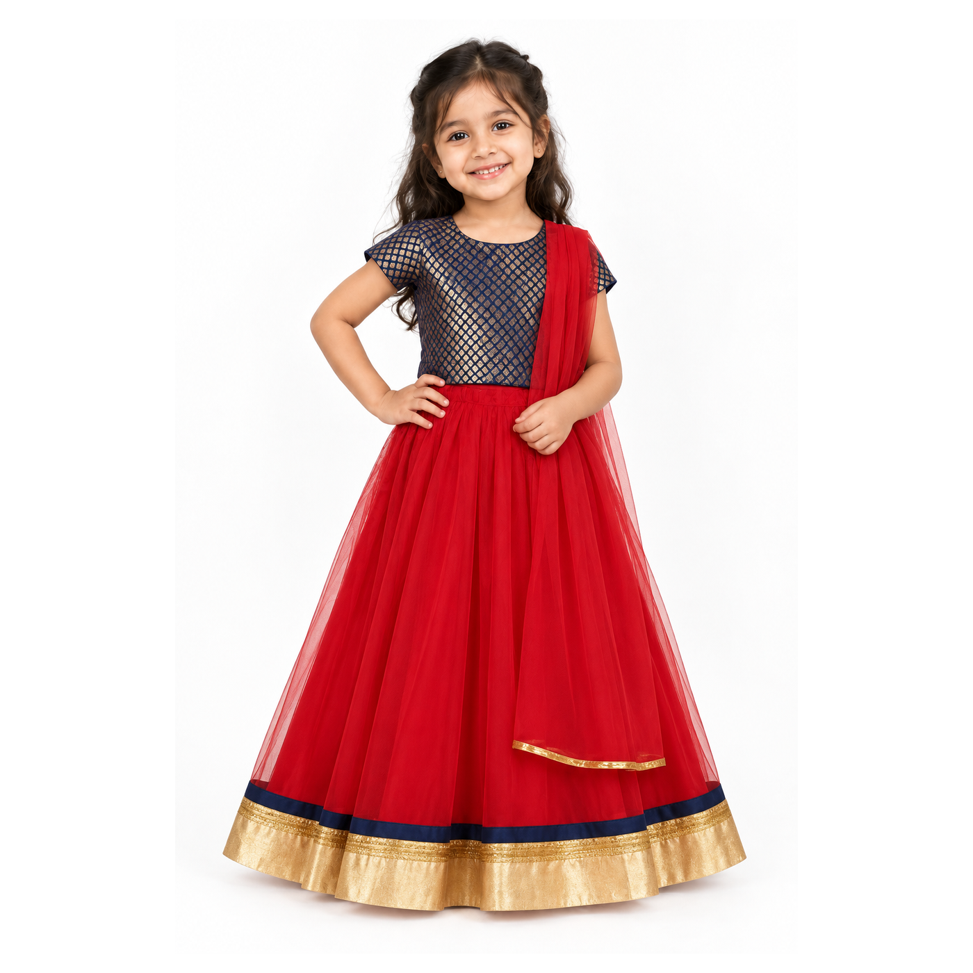 Girls Navy Gold Diamond Brocade Choli with Red Net Lehenga and Dupatta - model front view