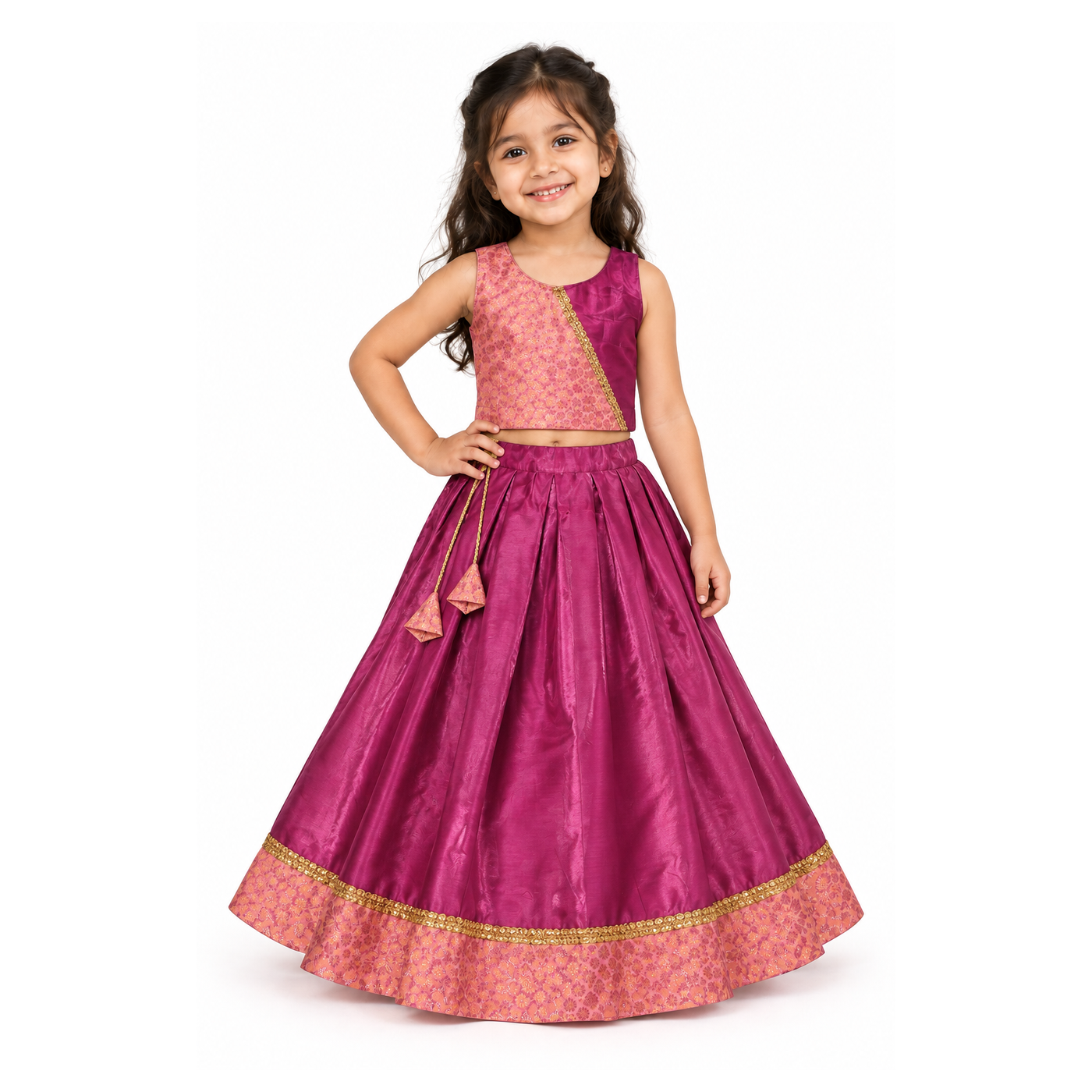 Girls Purple and Peach Asymmetric Choli with Plum Lehenga - model front view