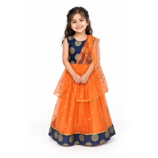 Girls Navy Gold Medallion Choli with Orange Net Lehenga and Dupatta - model front view