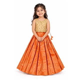 Girls Gold Floral Embroidered Choli with Orange Brocade Lehenga - model front view