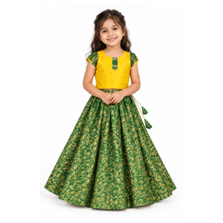 Girls Yellow Choli with Green Gold Vine Brocade Lehenga - model front view