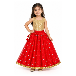 Girls Gold Sequin Choli with Red Mirror Net Lehenga | Kids Party Outfit - model front view