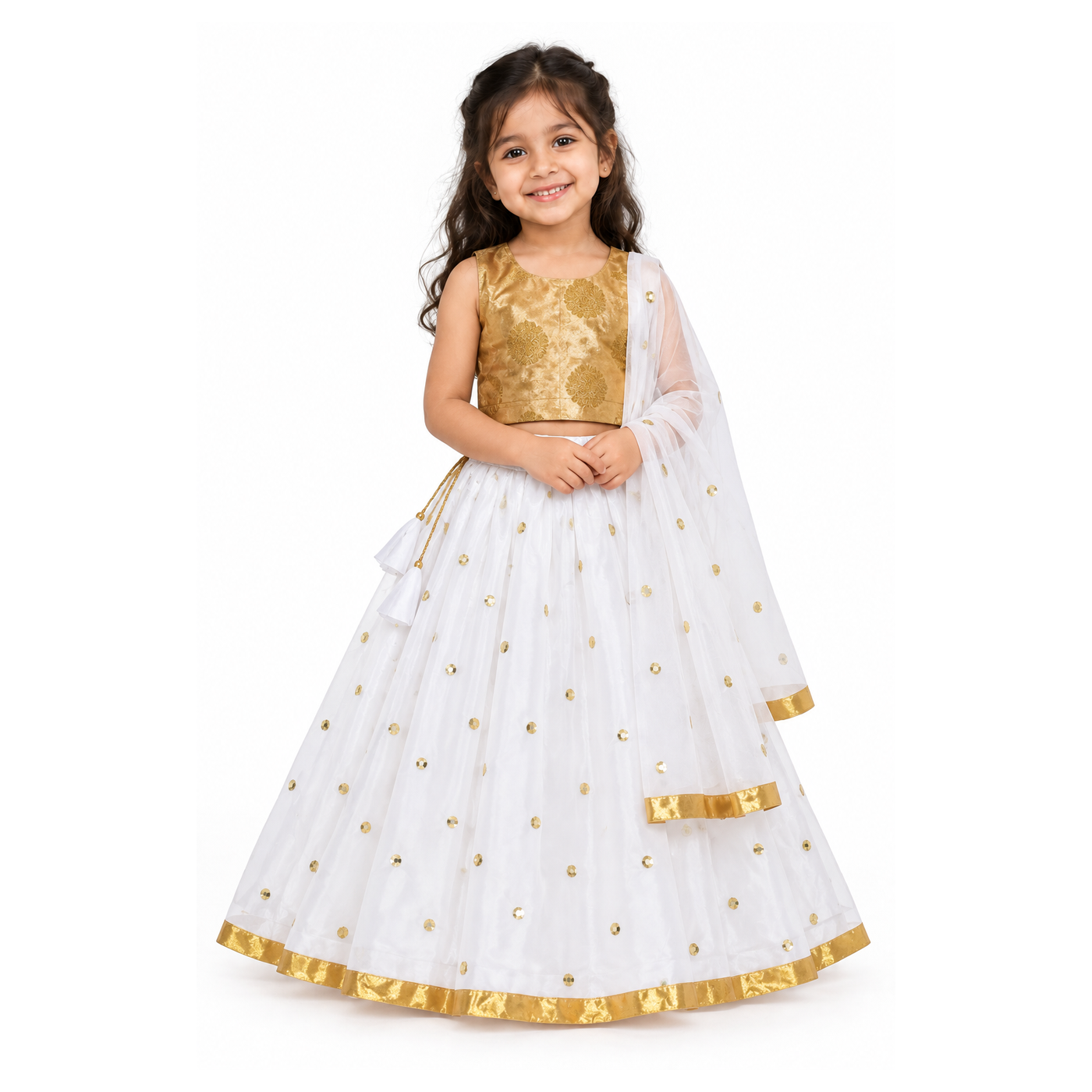Girls Gold Medallion Choli with White Mirror Lehenga and Dupatta - model front view