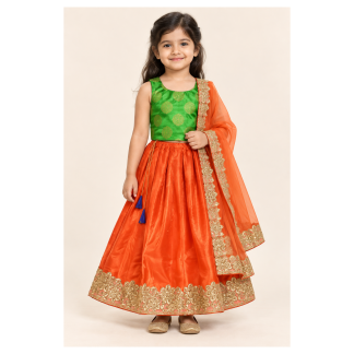 Girls Green Banarasi Silk & Orange Dupion Silk Lehenga Choli with Dupatta | Gold Floral Border - model front view