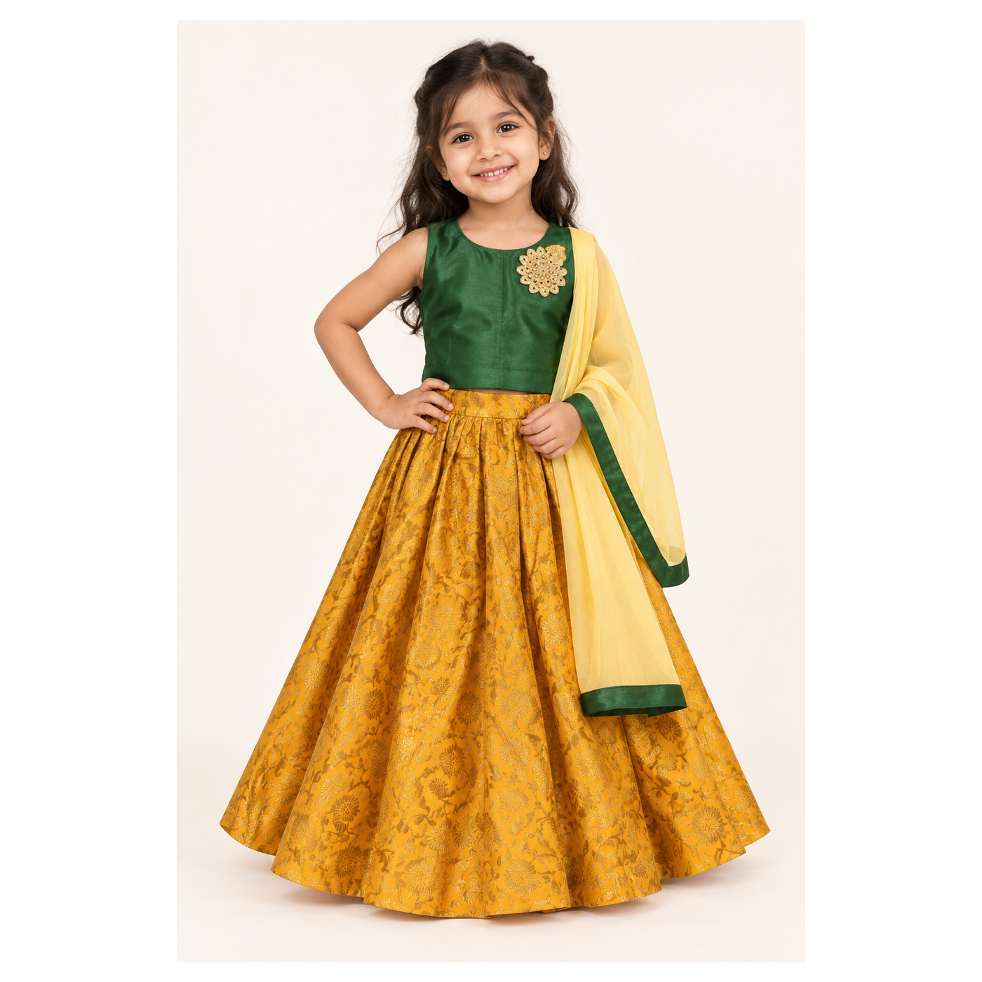 Girls Dark Green Taffeta Silk & Yellow Banarasi Brocade Lehenga Choli with Net Dupatta - model front view