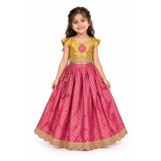 Girls Gold Embroidered Choli with Pink Brocade Lehenga | Kids Festive Skirt Set - model front view