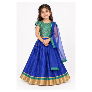 Girls Teal Green Brocade Choli with Royal Blue Lehenga and Dupatta - model front view