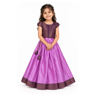 Girls Purple Gold Brocade Choli with Lavender Lehenga | Kids Wedding Outfit - model front view
