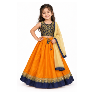 Girls Navy Blue Floral Brocade Choli with Orange Lehenga and Dupatta - model front view