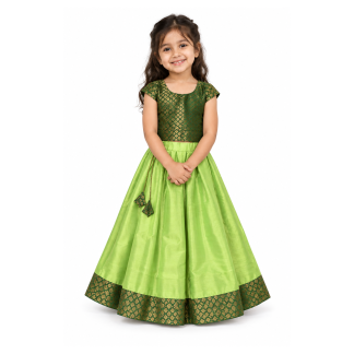 Girls Dark Green Floral Brocade Choli with Lime Green Lehenga - model front view