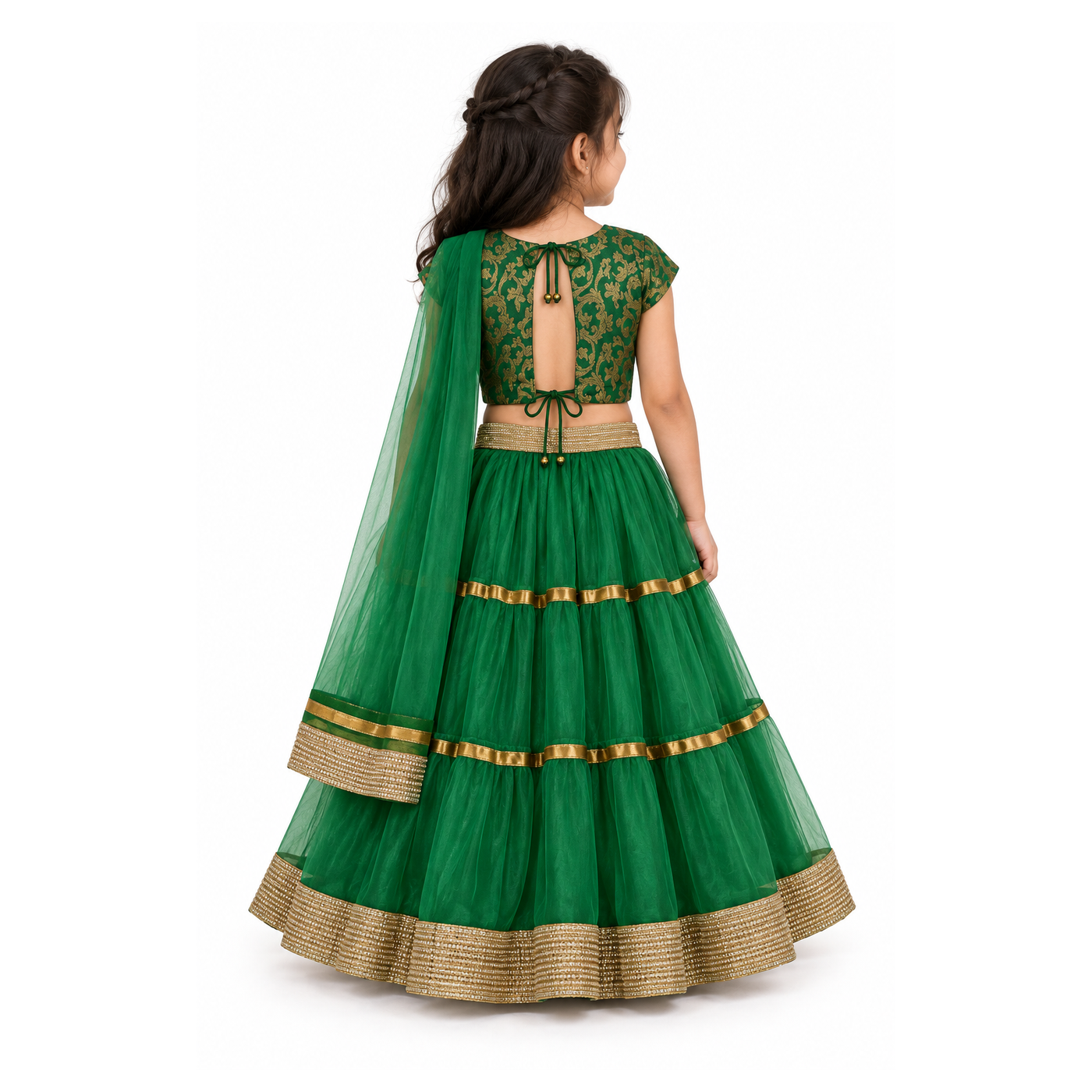 Girls Emerald Green Gold Brocade Choli with Tiered Net Lehenga and Dupatta - model back view