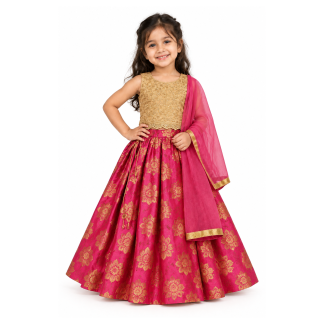 Girls Gold Embroidered Choli with Hot Pink Floral Brocade Lehenga and Dupatta - model front view