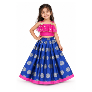 Girls Hot Pink Ruffle Choli with Royal Blue Floral Lehenga | Kids Party Outfit - model front view