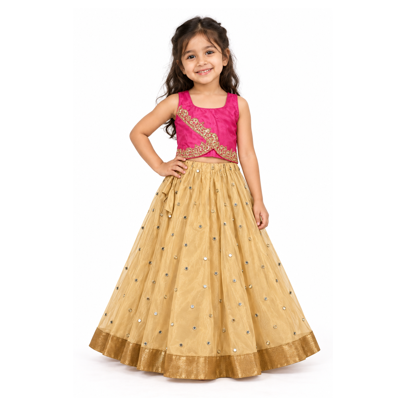 Girls Hot Pink Embroidered Choli with Gold Mirror Net Lehenga - model front view