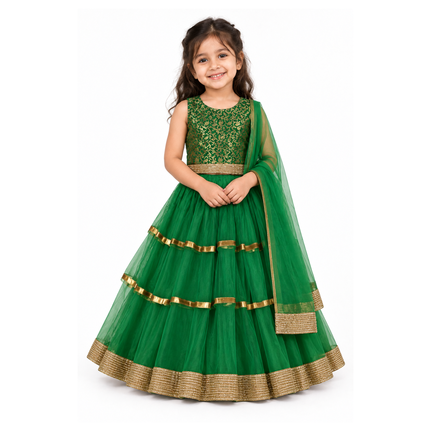 Girls Emerald Gold Vine Choli with Green Tiered Net Lehenga and Dupatta - model front view