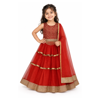 Girls Burgundy Gold Brocade Choli with Red Tiered Lehenga and Dupatta - model front view