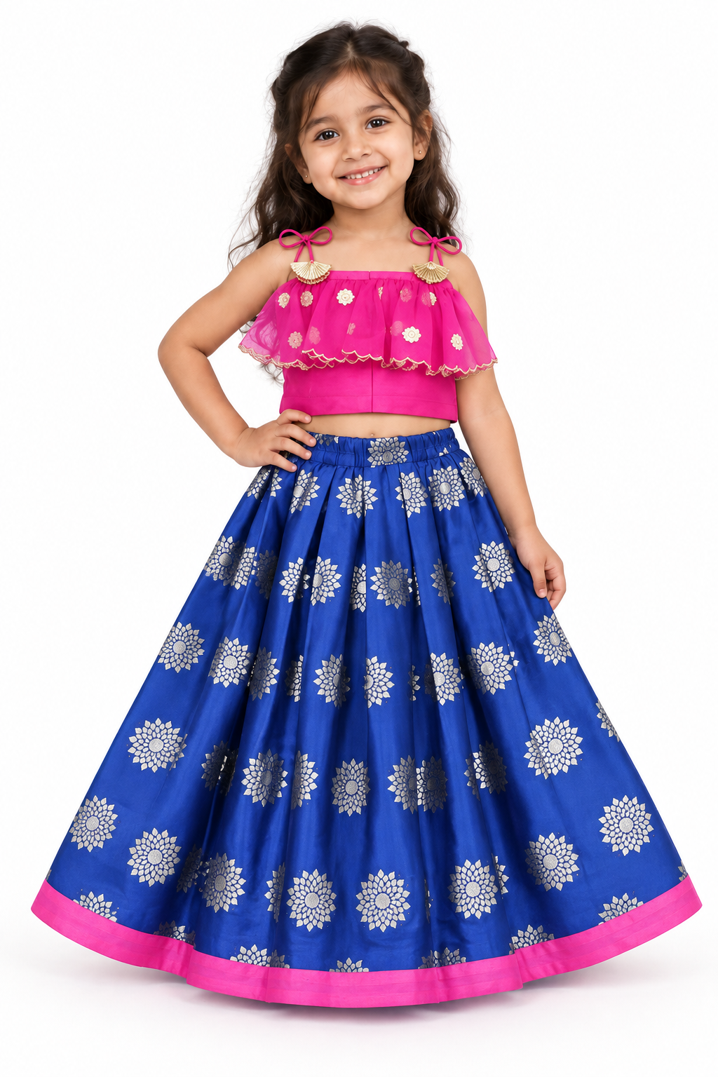 Girls Hot Pink Ruffle Choli with Royal Blue Floral Lehenga - model front view