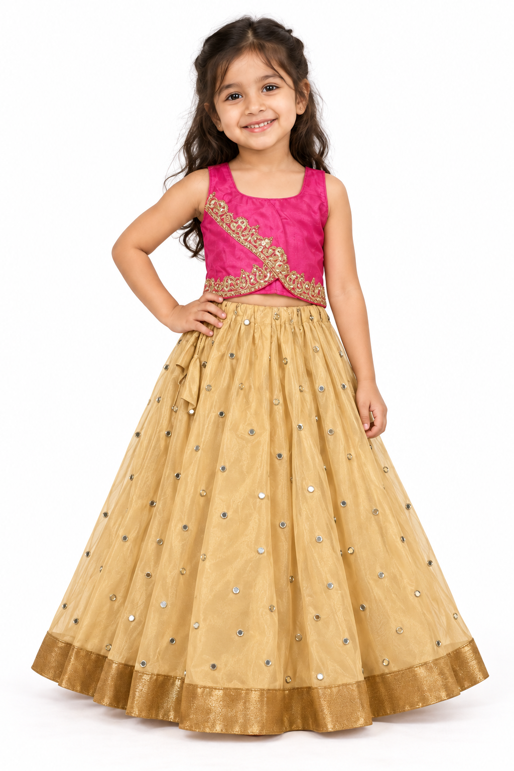 Girls Hot Pink Embroidered Choli with Gold Mirror Net Lehenga - model front view