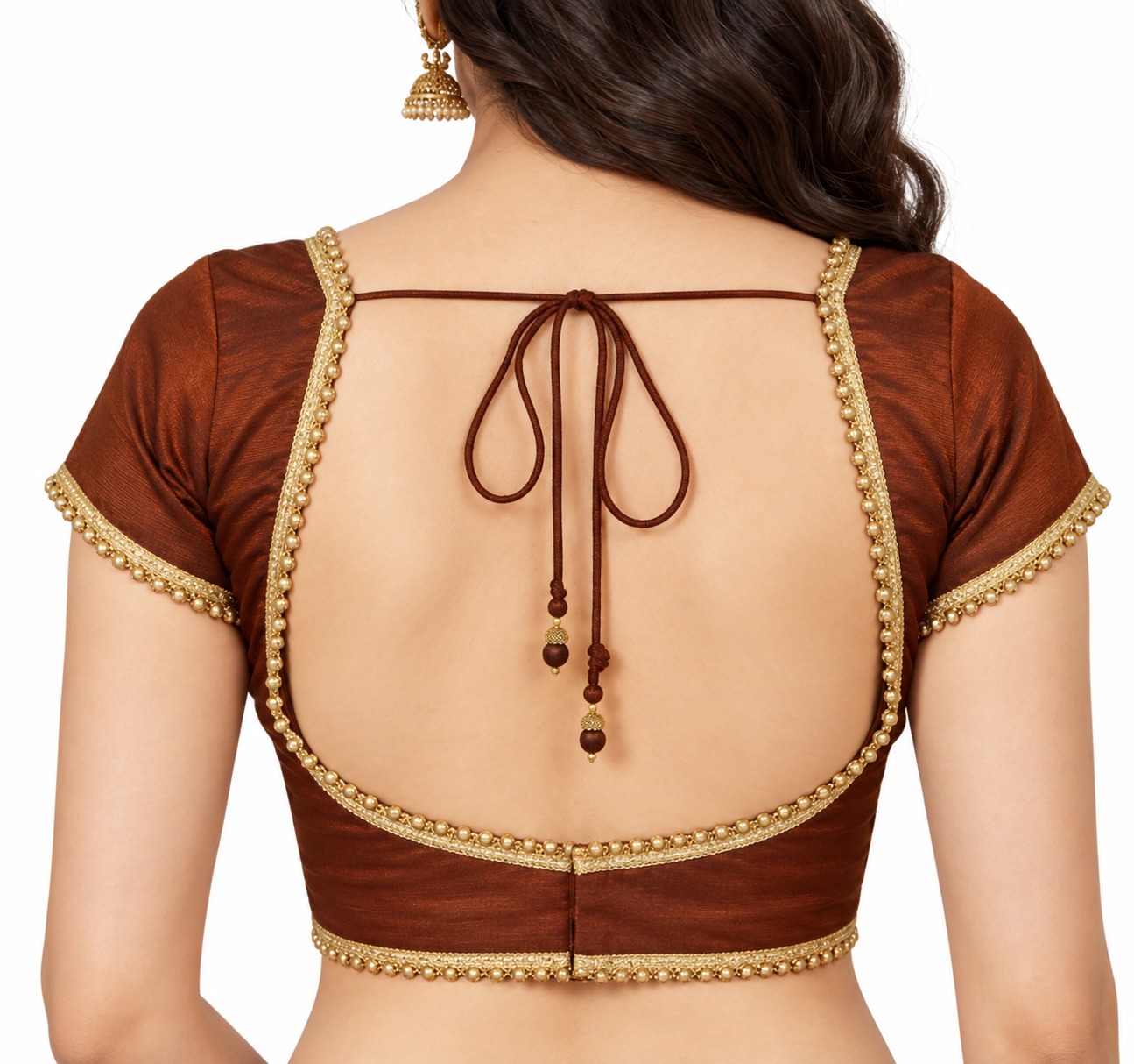 Copper brown Dupion silk deep U neck saree blouse back view