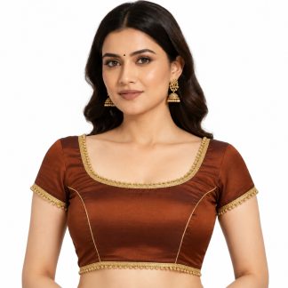 Copper brown Dupion silk U neck front hook princess cut saree blouse front view