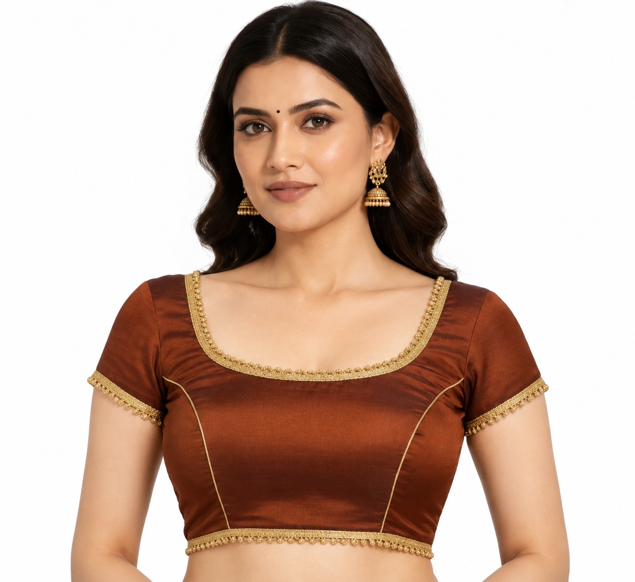 Copper brown Dupion silk U neck front hook princess cut saree blouse front view