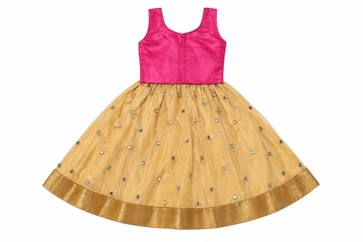 Girls Hot Pink Embroidered Choli with Gold Mirror Net Lehenga - set back view