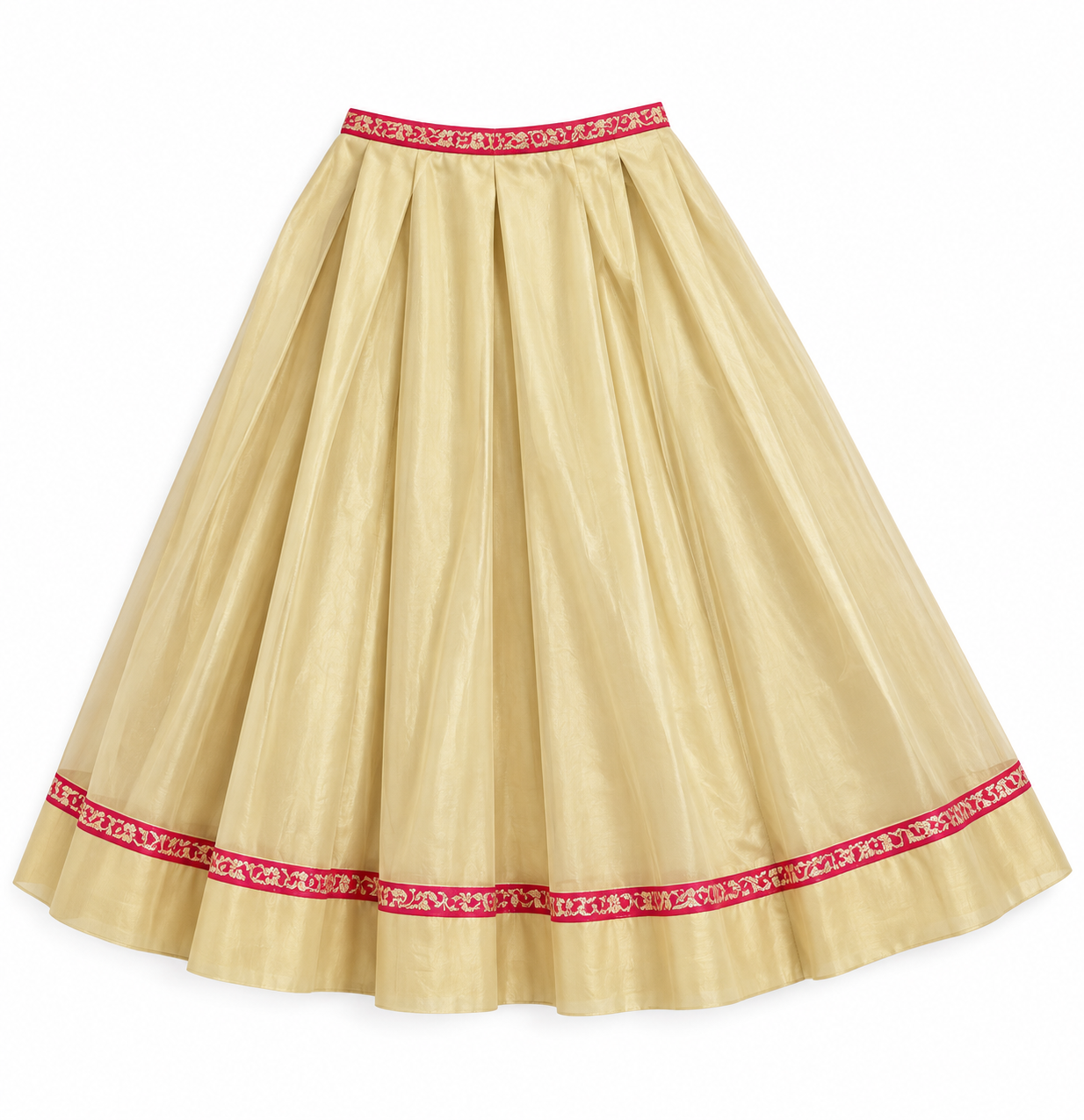 Girls Hot Pink Gold Polka Choli with Cream Gold Lehenga and Dupatta - skirt view