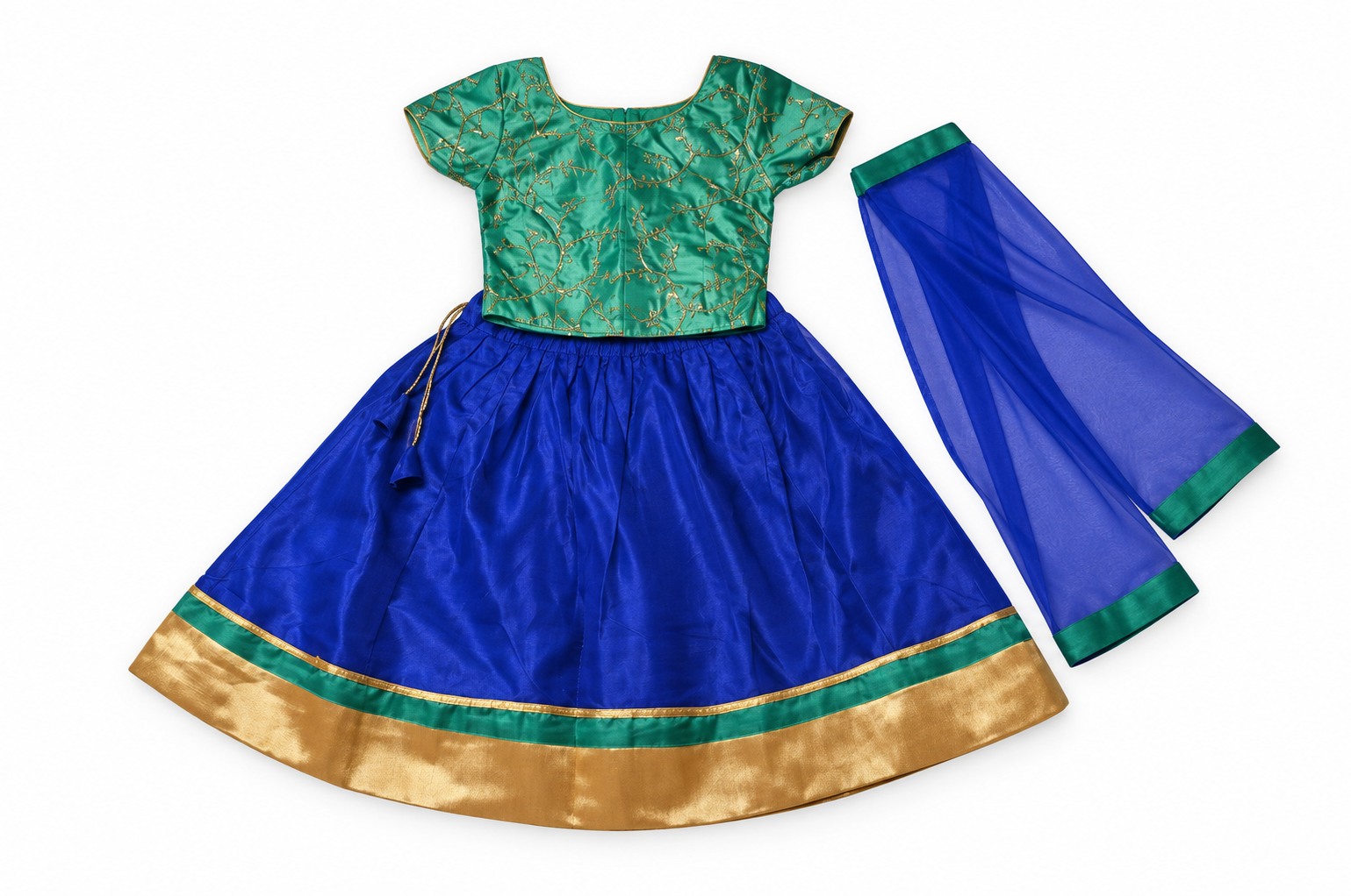 Girls Teal Green Brocade Choli with Royal Blue Lehenga and Dupatta - set front view