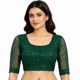 Designer green net embroidered sequinned saree blouse front view