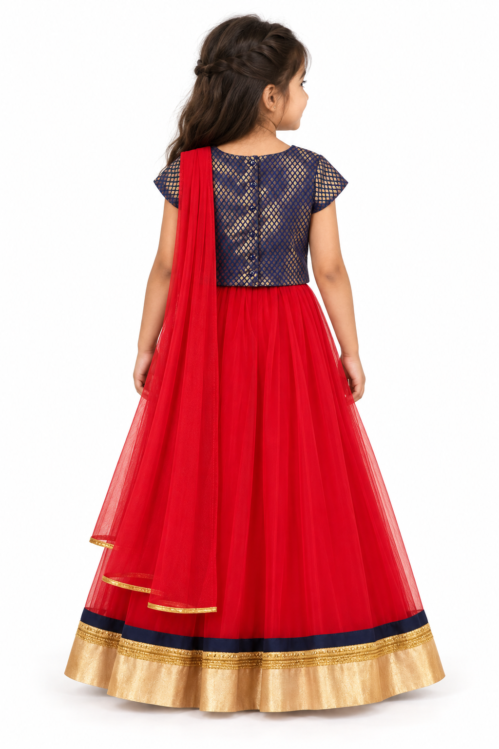 Girls Navy Gold Diamond Brocade Choli with Red Net Lehenga and Dupatta - model back view