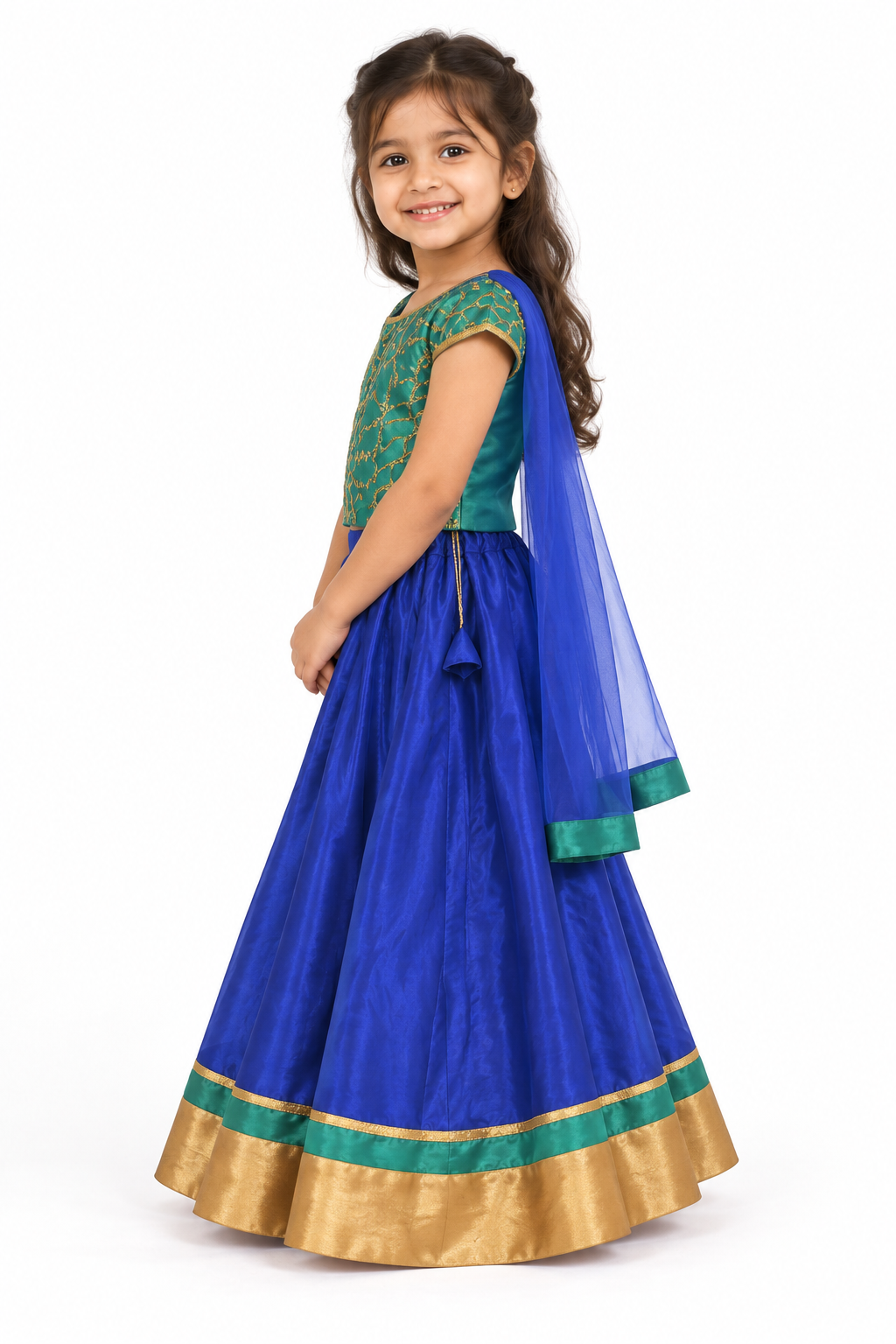 Girls Teal Green Brocade Choli with Royal Blue Lehenga and Dupatta - model side view