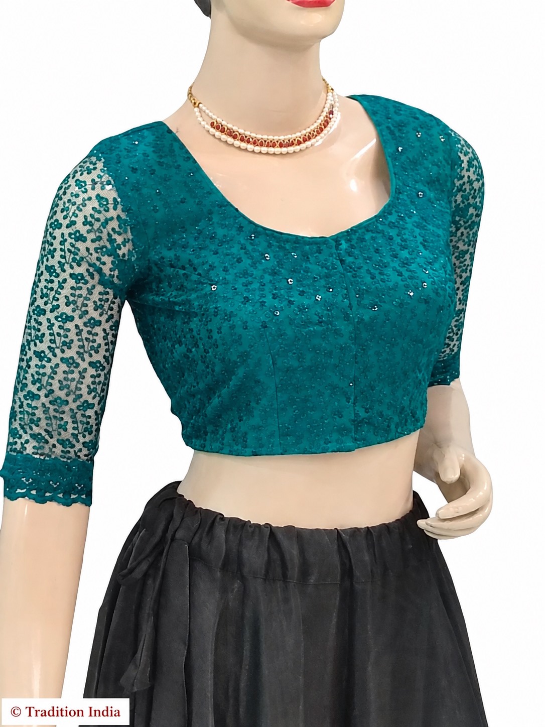 Women's Readymade Saree Blouse, Party Wear Teal Green Embroidered Net Elbow Sleeves Sari Blouse
