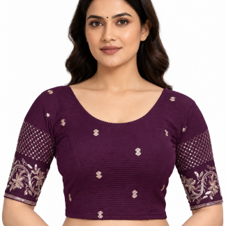 Readymade Purple Cotton Saree Blouse, Stretchable Crop Top, Sizes S-XXL, Elbow Sleeves Sari Choli — purple front view