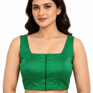 Green Taffeta Silk Sleeveless Square Neck Saree Blouse with Tie Back — front view