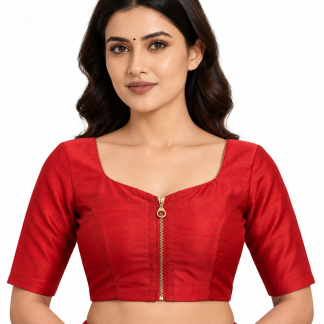 Red Silk Sweetheart Neck Saree Blouse with Front Zipper and Elbow Sleeves — front view
