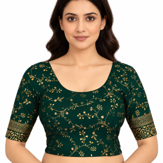 Green Floral Saree Blouse, Stretch Crop Top Sari Blouse (S-XXL) — green front view