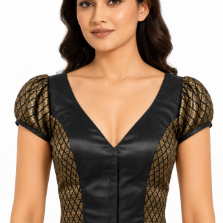 Black Chanderi Taffeta Silk V-Neck Blouse with Puffed Cap Sleeves — front view