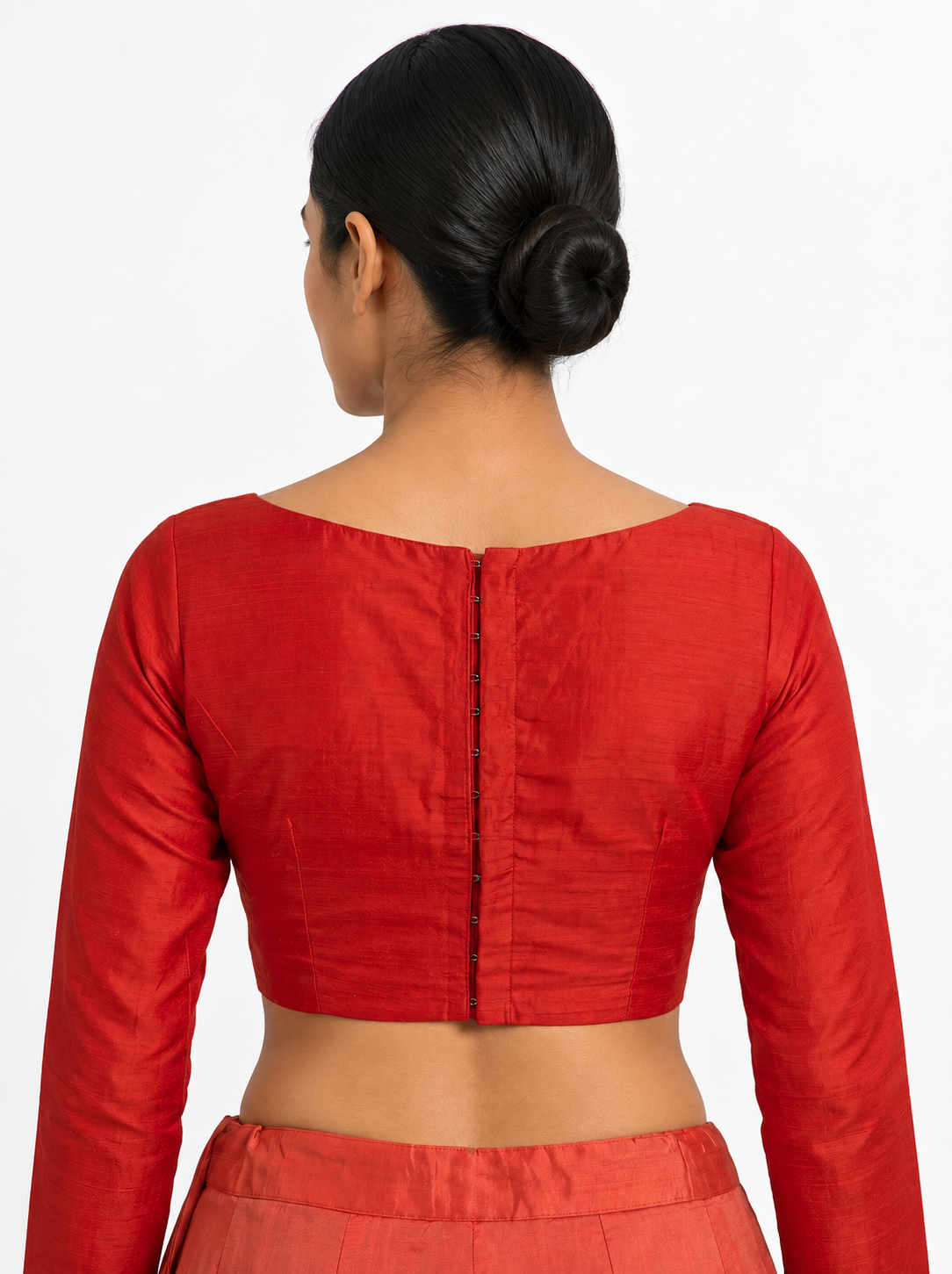Bright Red Silk Boat Neck Saree Blouse with Long Sleeves — back view