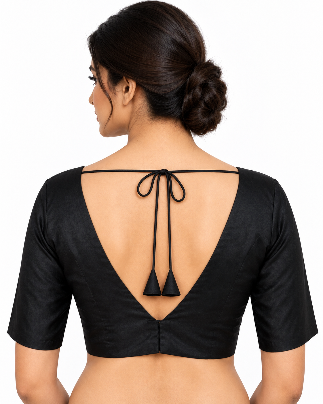 Black Dupion Silk V-Neck Saree Blouse with Deep V Tie Back — back view